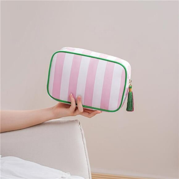 Large stripe canvas makeup bag tassel travel cosmetic toiletry storage bag pink - Picture 2 of 7